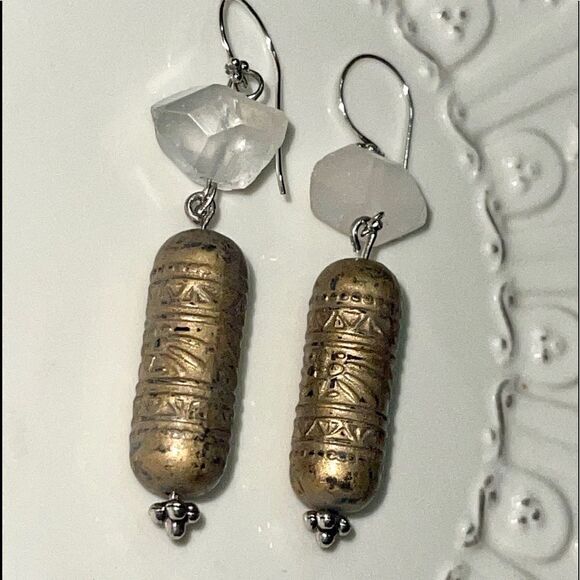 HANDCRAFTED boho chunk moonstone & brass tubal beads earrings - Picture 1 of 8
